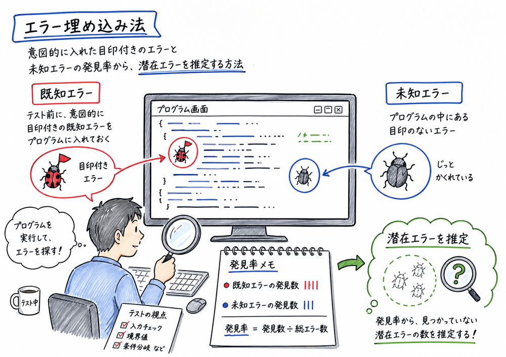 エラー埋め込み法で既知エラーの発見率から潜在エラーを推定する図解