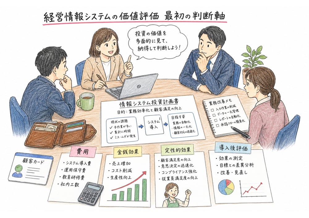 情報システム投資の価値評価を費用、効果、定性的効果、導入後評価で俯瞰する図解