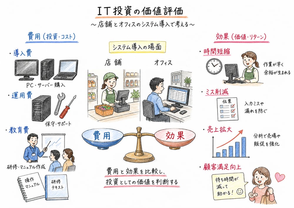 IT投資の費用側と効果側を店舗とオフィスの場面で対応づける図解