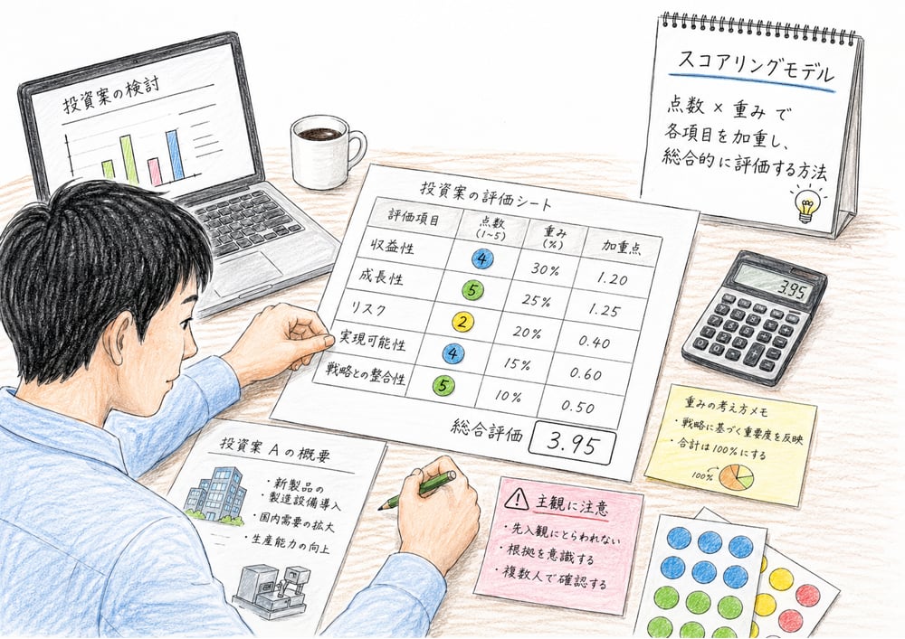 評価項目に点数と重みを付けて投資案を総合評価するスコアリングモデルの図解