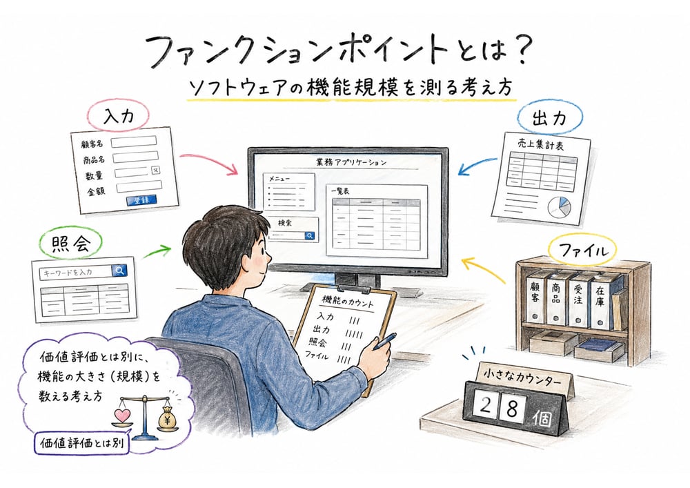 ソフトウェアの入力、出力、照会、ファイルなどの機能規模を数えるファンクションポイントの図解