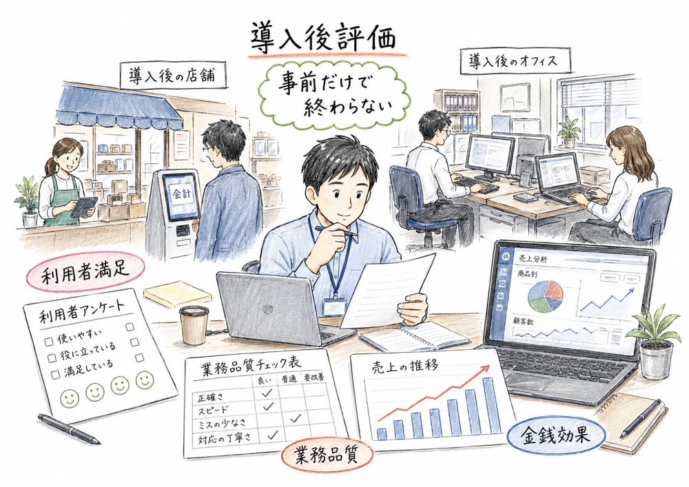導入後評価で利用者満足、業務品質、金銭効果を確認する図解
