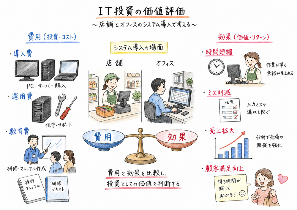IT投資の費用側と効果側を店舗とオフィスの場面で対応づける図解