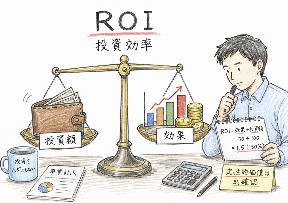 ROIを投資額と効果のバランスで投資効率を見る指標として示す図解