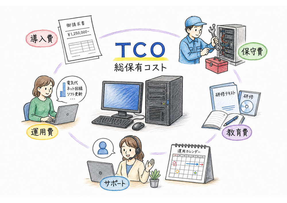 TCOを導入費、運用費、保守費、教育費、サポートまで含めた総保有コストとして示す図解