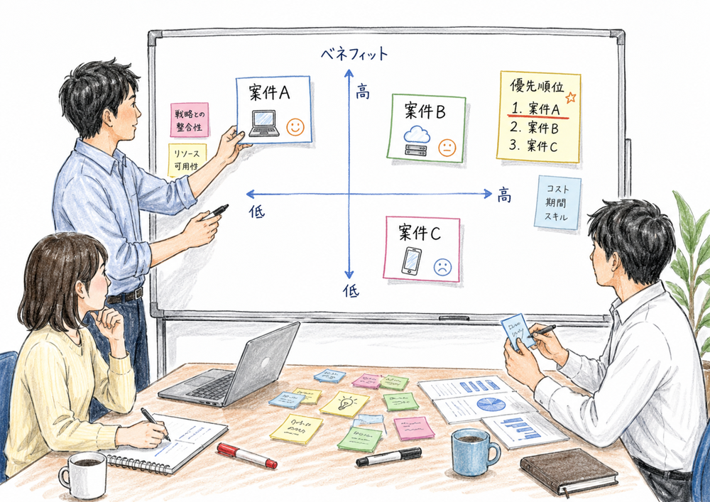 複数のIT投資案件をリスクとベネフィットの軸で比較して優先順位を検討する図解