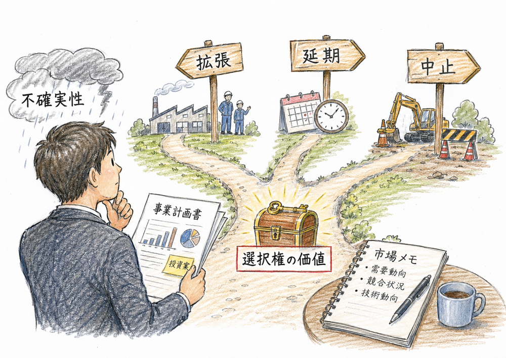 不確実性の中で拡張、延期、中止の選択権を残すリアルオプションの図解