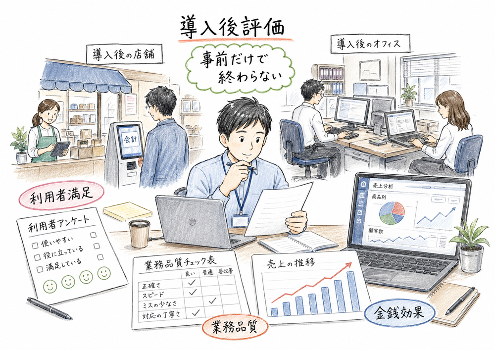 導入後評価で利用者満足、業務品質、金銭効果を確認する図解