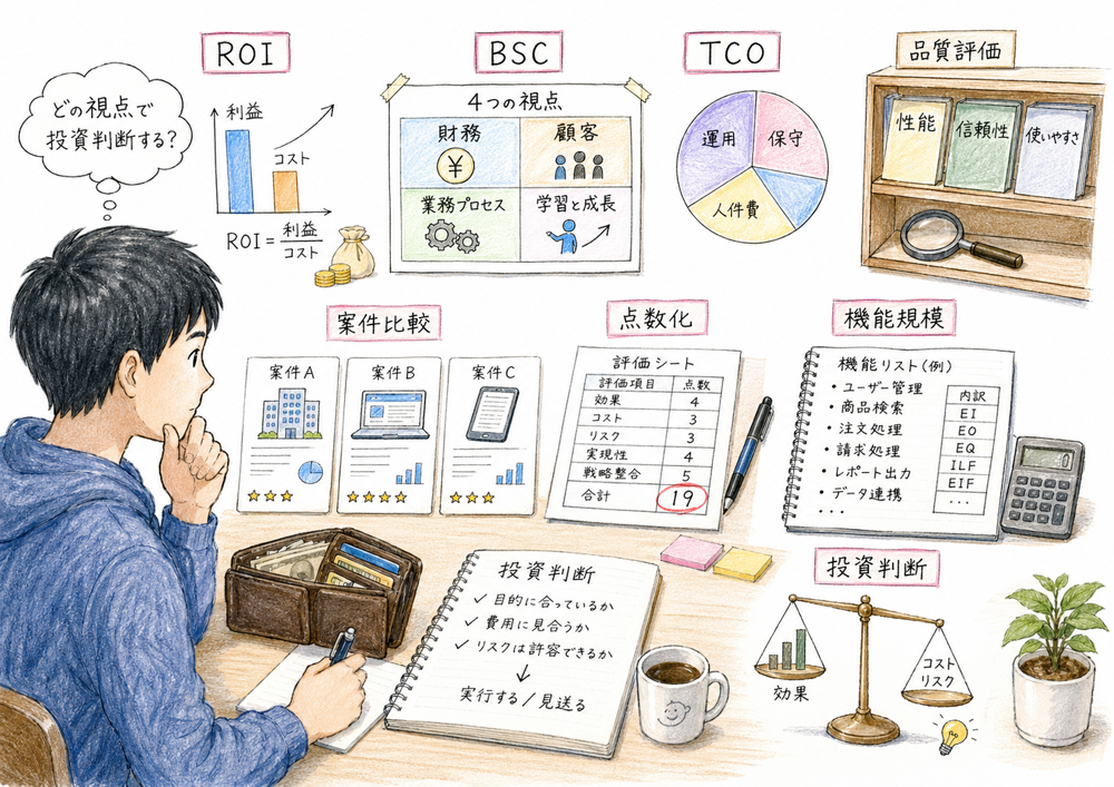 ROI、BSC、TCO、案件比較、点数化、機能規模を投資判断の観点で切り分けるまとめ図解