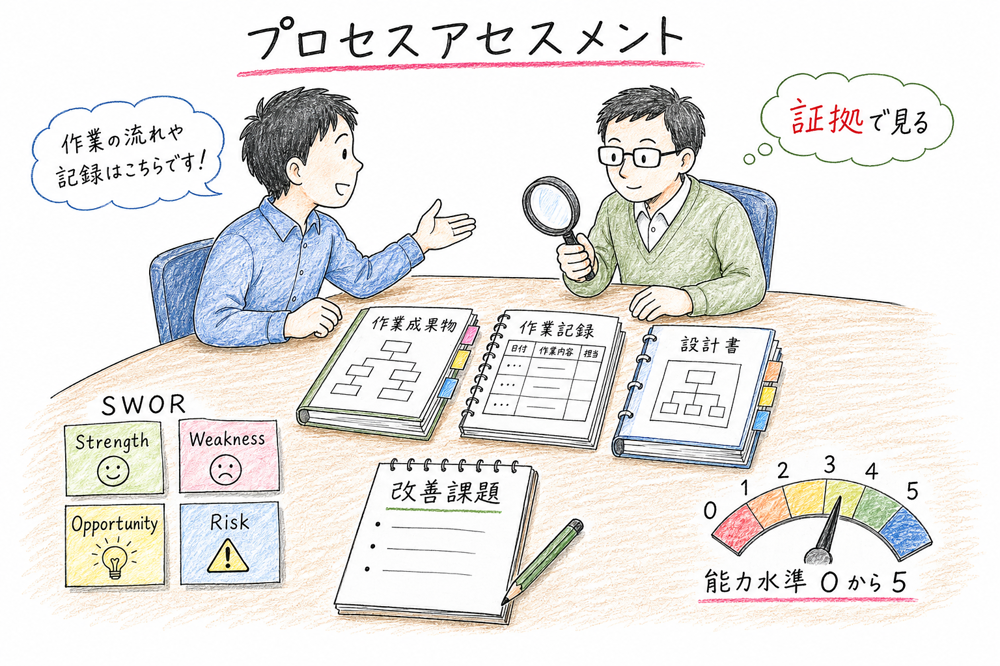 アセスメントモデルがプロセス改善、客観的証拠、能力水準、SWORを整理する枠組みであることを示した図解