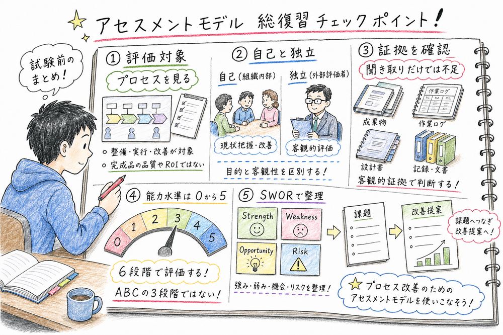 アセスメントモデルの評価対象、証拠確認、能力水準、SWORを総復習する図解