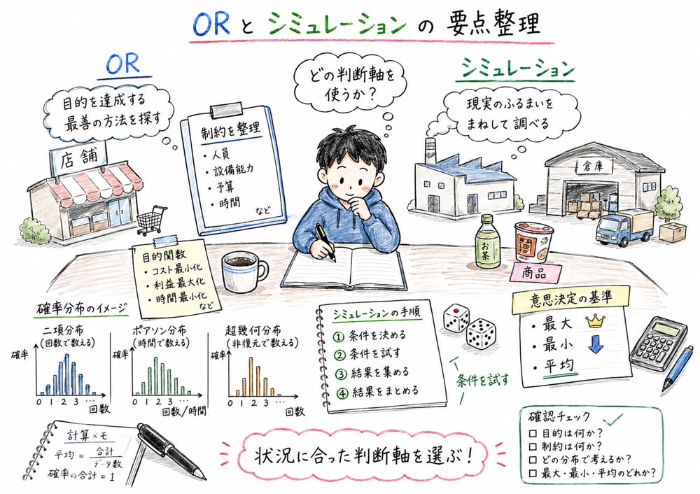 OR、シミュレーション、確率分布、意思決定基準の要点を整理する図解