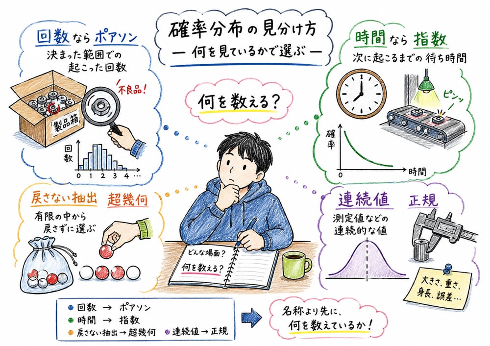 ポアソン分布、指数分布、超幾何分布、正規分布を扱う対象で見分ける図解