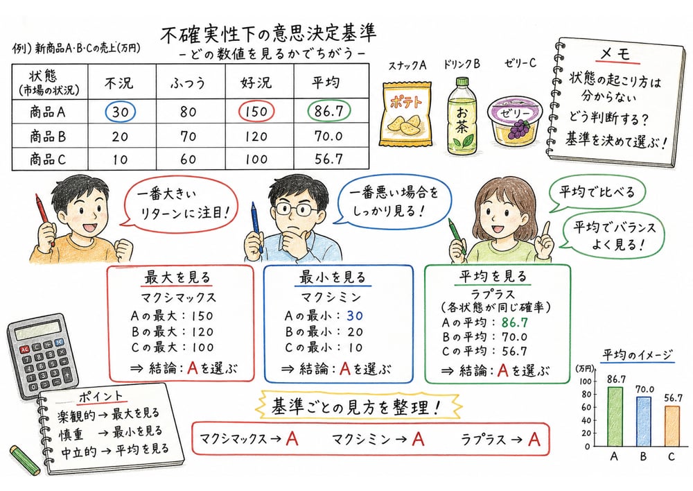 マクシマックス、マクシミン、ラプラスを最大値、最小値、平均値で見分ける図解