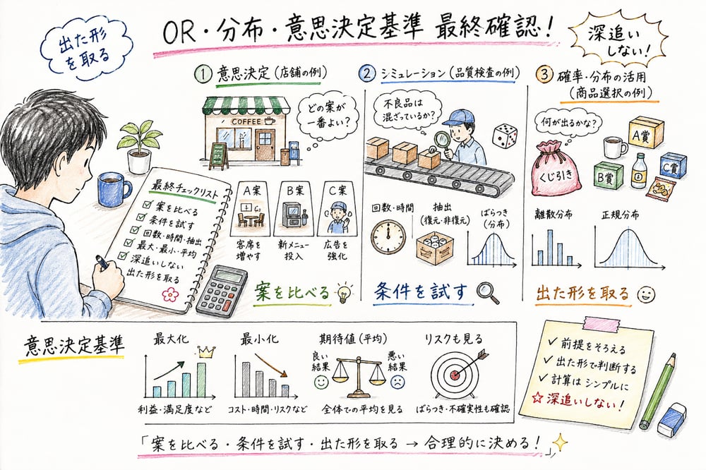 OR、シミュレーション、確率分布、意思決定基準の最終確認ポイントをまとめる図解