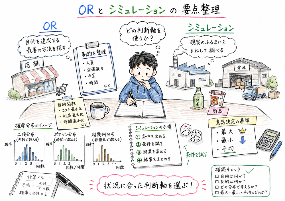 OR、シミュレーション、確率分布、意思決定基準の要点を整理する図解