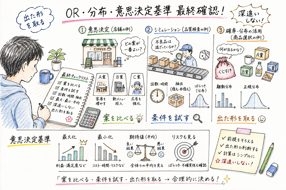 OR、シミュレーション、確率分布、意思決定基準の最終確認ポイントをまとめる図解