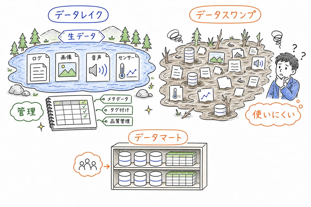 管理されたデータレイクと管理不全のデータスワンプ、用途別に整理されたデータマートの違いを示した図解
