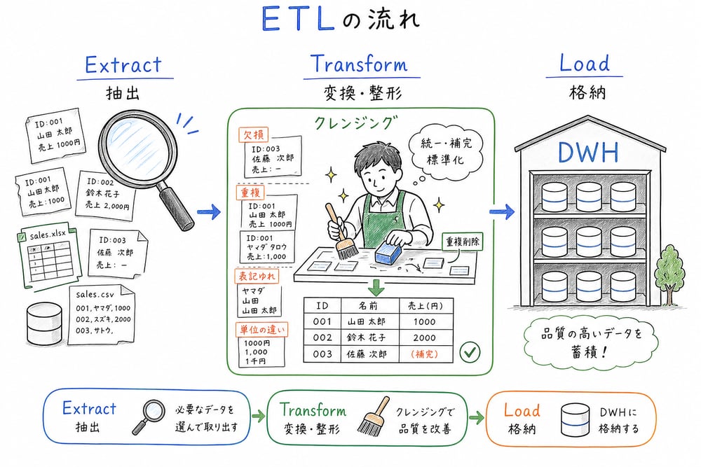 Extract、Transform、Loadの流れと、Transform内で欠損や重複を整えるデータクレンジングの位置づけを示した図解