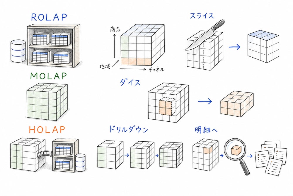 ROLAP、MOLAP、HOLAPの方式と、スライス、ダイス、ドリルダウン、明細確認などのOLAP操作を分けて整理した図解