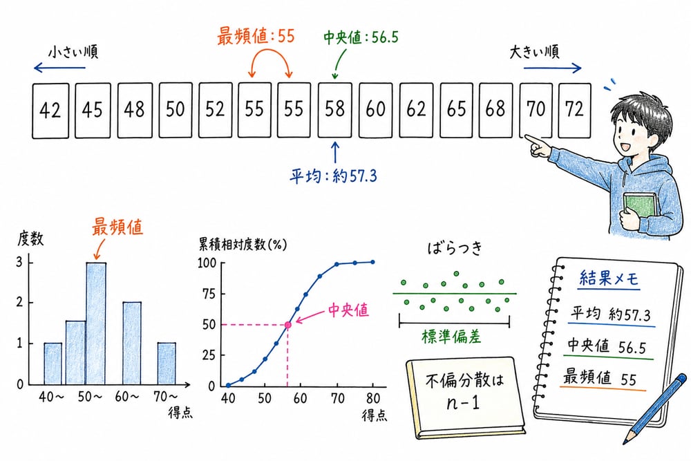 平均、中央値、最頻値、ばらつき、標準偏差、不偏分散のn-1を度数分布の読み方とともに整理した図解
