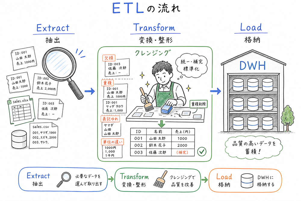 Extract、Transform、Loadの流れと、Transform内で欠損や重複を整えるデータクレンジングの位置づけを示した図解