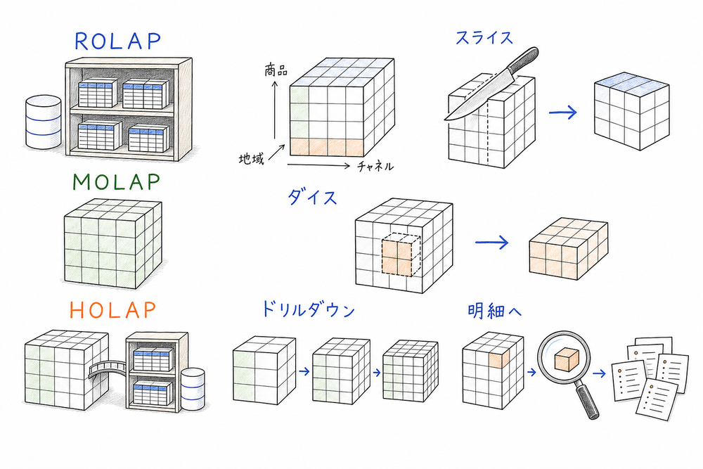 ROLAP、MOLAP、HOLAPの方式と、スライス、ダイス、ドリルダウン、明細確認などのOLAP操作を分けて整理した図解
