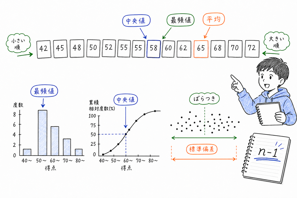 平均、中央値、最頻値、ばらつき、標準偏差、不偏分散のn-1を度数分布の読み方とともに整理した図解