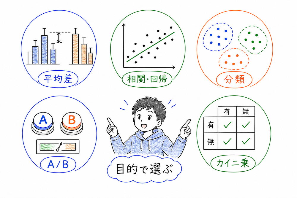 平均差、相関や回帰、分類、A/B、カイ二乗など、分析目的から統計手法を選ぶ考え方を示した図解