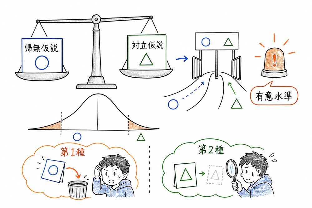 帰無仮説、対立仮説、有意水準、第1種の過誤、第2種の過誤を仮説検定の判断として整理した図解