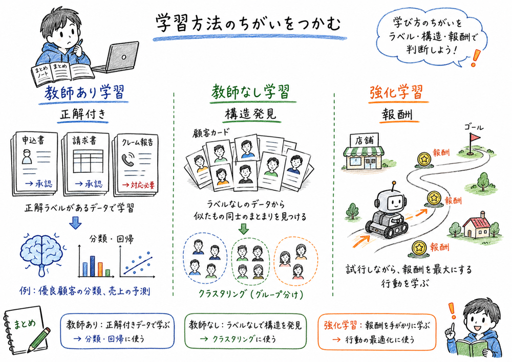 教師あり学習、教師なし学習、強化学習の違い
