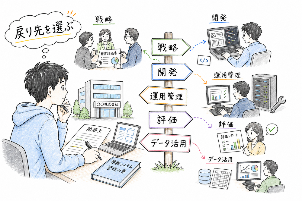 問題文の中心から管理系論点の戻り先を選ぶ図解