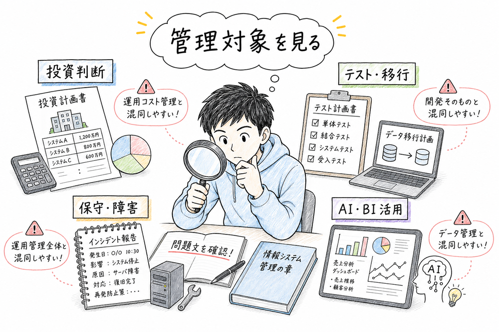 管理対象を確認して投資判断、テスト移行、保守障害、AIやBI活用の混同を避ける図解