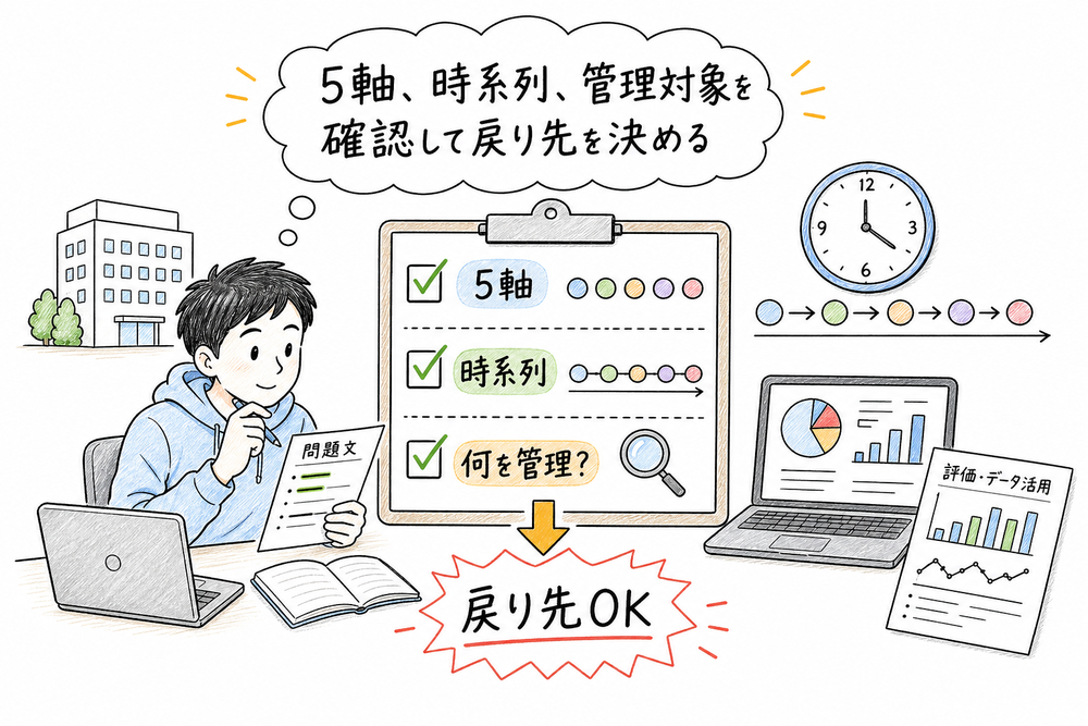 5軸、時系列、管理対象を確認して戻り先を決める最終確認の図解