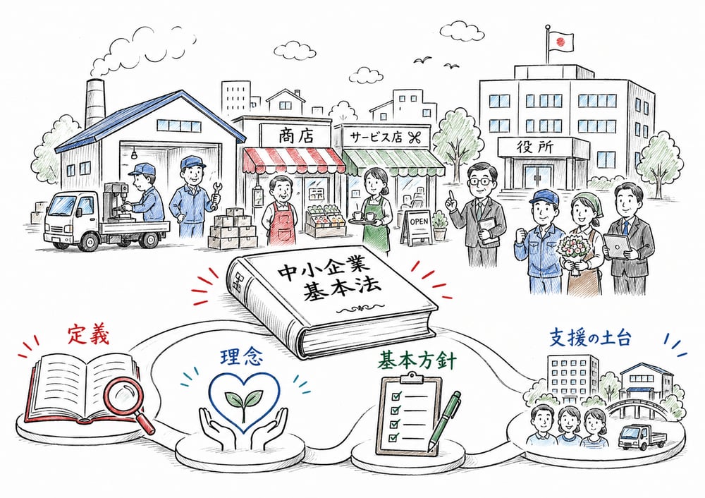 中小企業基本法が定義、理念、基本方針、支援の土台を定める法律だと示す図解