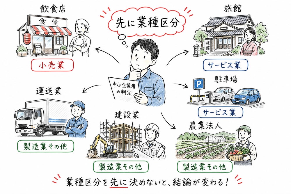 飲食店、旅館、駐車場、運送業、建設業、農業法人をどの業種区分で見るかを示す図解
