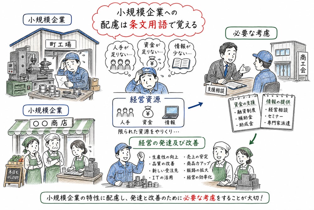 小規模企業は経営資源の確保が難しく、経営の発達及び改善や必要な考慮が重要だと示す図解