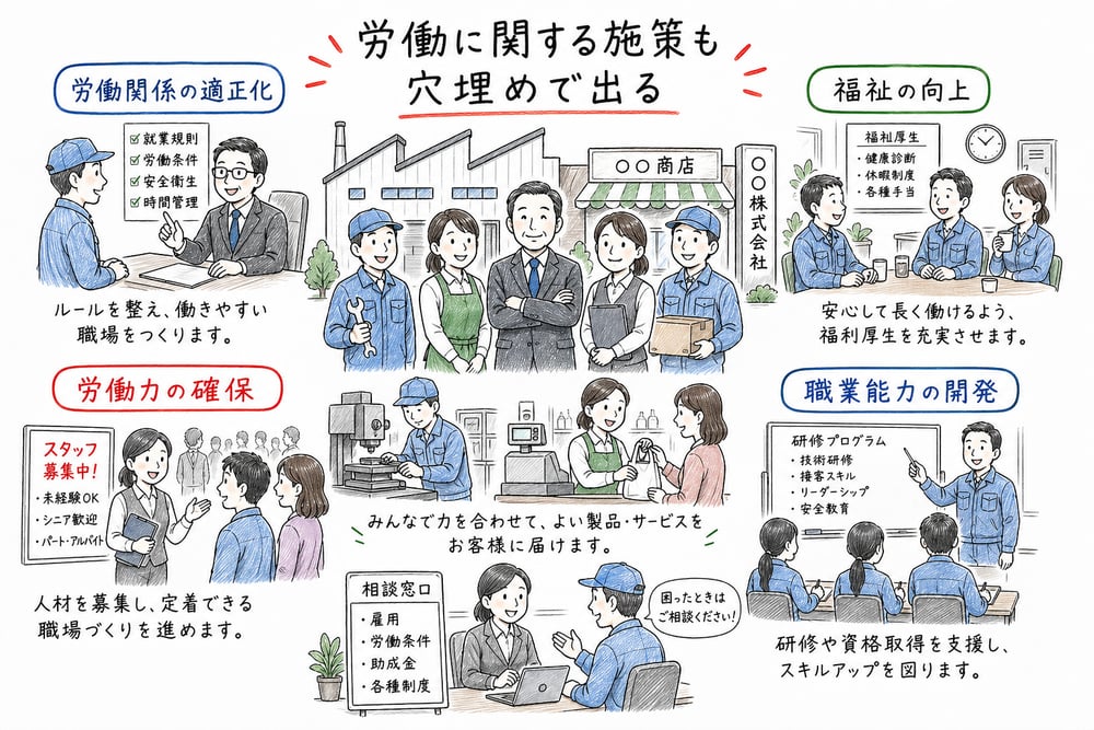 労働関係の適正化、従業員の福祉の向上、労働力の確保、職業能力の開発を職場場面で示す図解