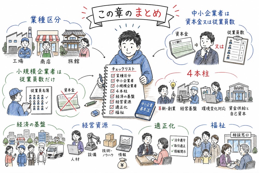 業種区分、資本金又は従業員数、従業員数だけ、4本柱、重要語句を総復習する図解