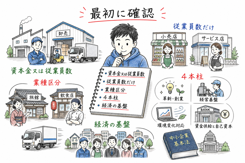 中小企業基本法で最初に確認する業種区分、資本金又は従業員数、従業員数だけ、4本柱、経済の基盤をまとめた導入図解