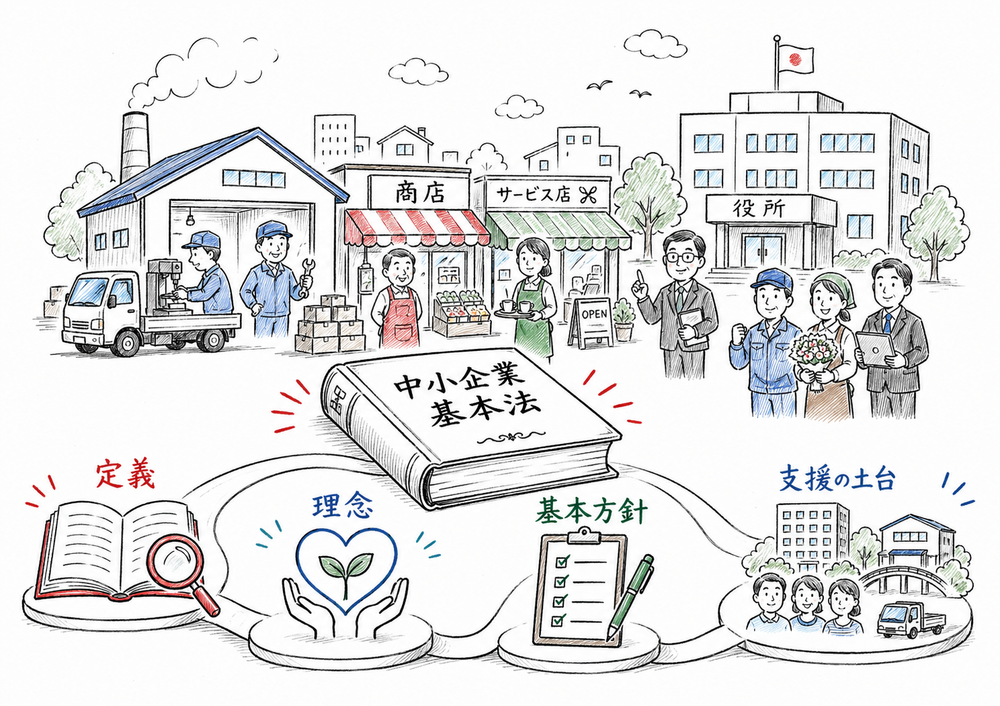 中小企業基本法が定義、理念、基本方針、支援の土台を定める法律だと示す図解