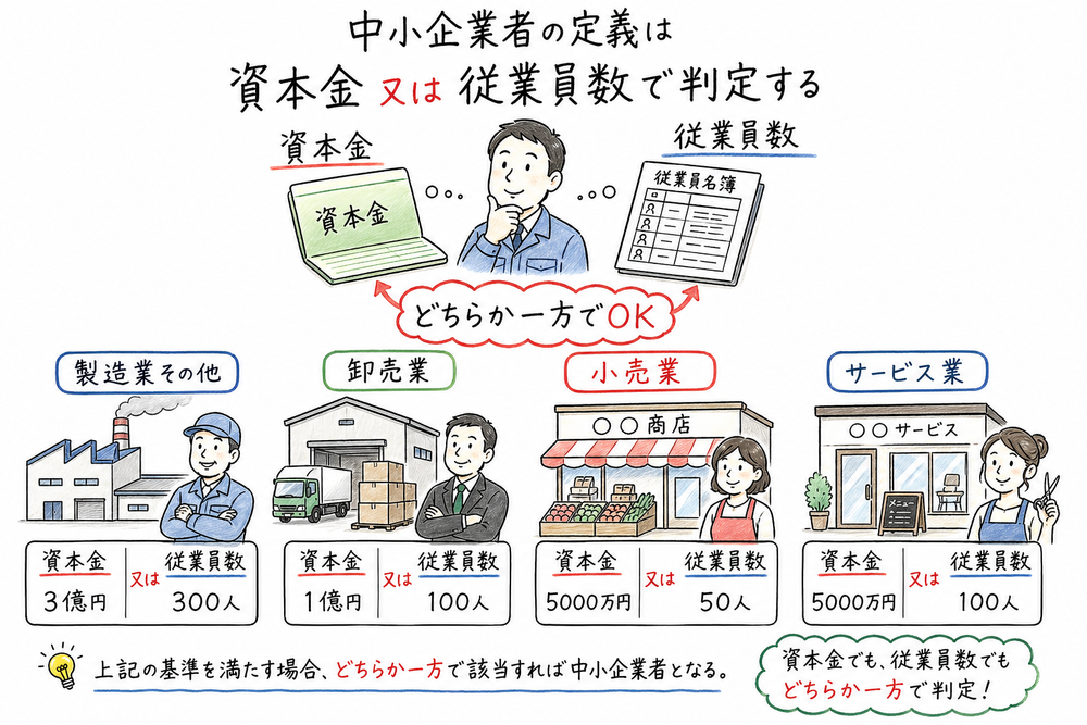中小企業者は資本金又は従業員数のどちらか一方が基準内なら該当することを業種別の数字とともに示す図解