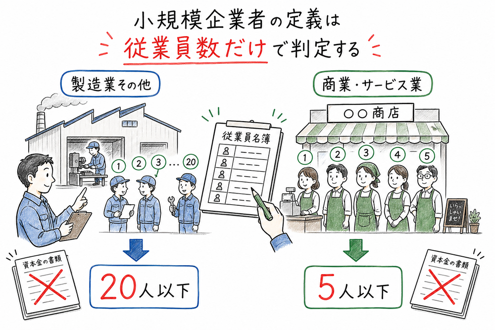 小規模企業者は資本金を見ず従業員数だけで判定し、製造業その他は20人以下、商業・サービス業は5人以下だと示す図解