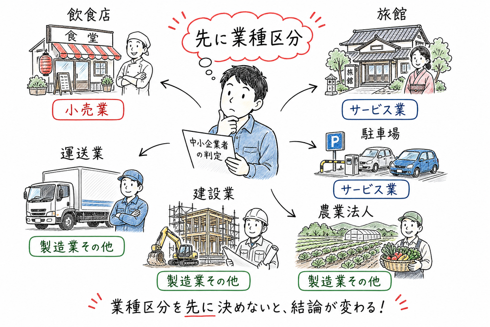 飲食店、旅館、駐車場、運送業、建設業、農業法人をどの業種区分で見るかを示す図解