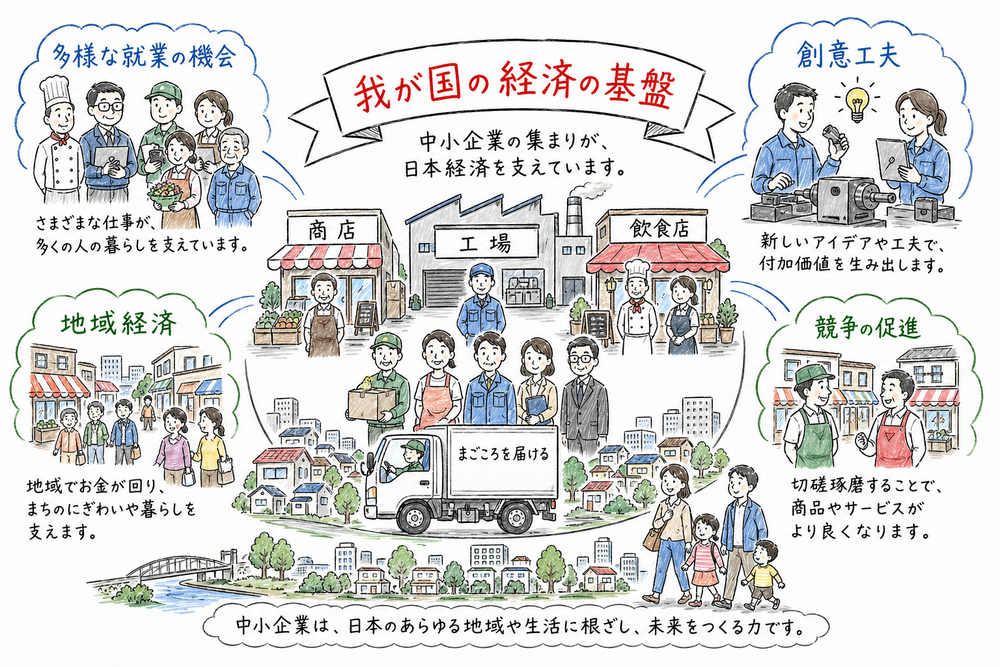 商店、工場、飲食店、配送など多様な中小企業が地域経済と就業機会を支える様子を示す図解