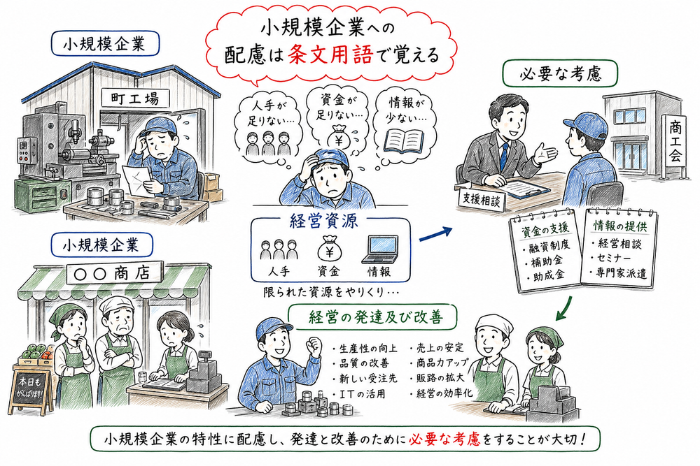 小規模企業は経営資源の確保が難しく、経営の発達及び改善や必要な考慮が重要だと示す図解