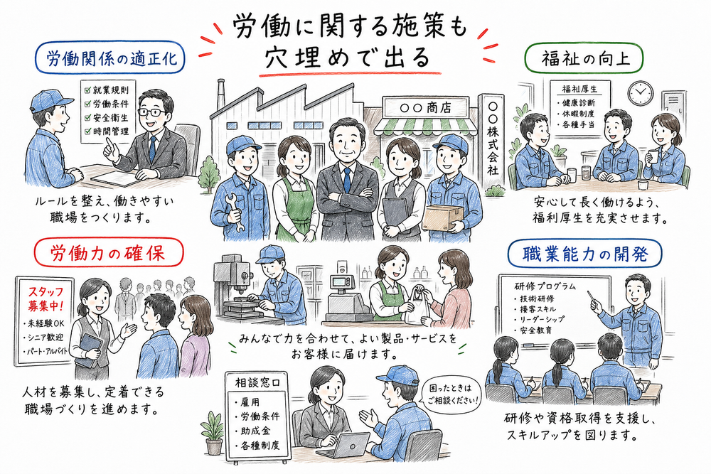 労働関係の適正化、従業員の福祉の向上、労働力の確保、職業能力の開発を職場場面で示す図解