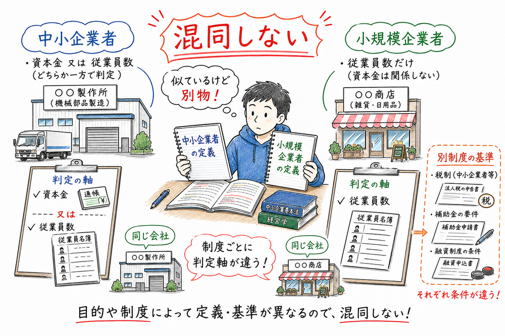 中小企業者、小規模企業者、税制や補助金など別制度の基準を混同しないよう示す図解