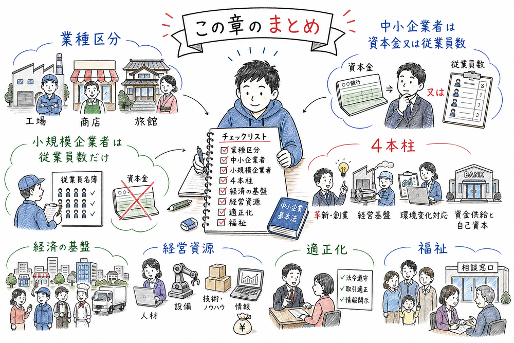 業種区分、資本金又は従業員数、従業員数だけ、4本柱、重要語句を総復習する図解