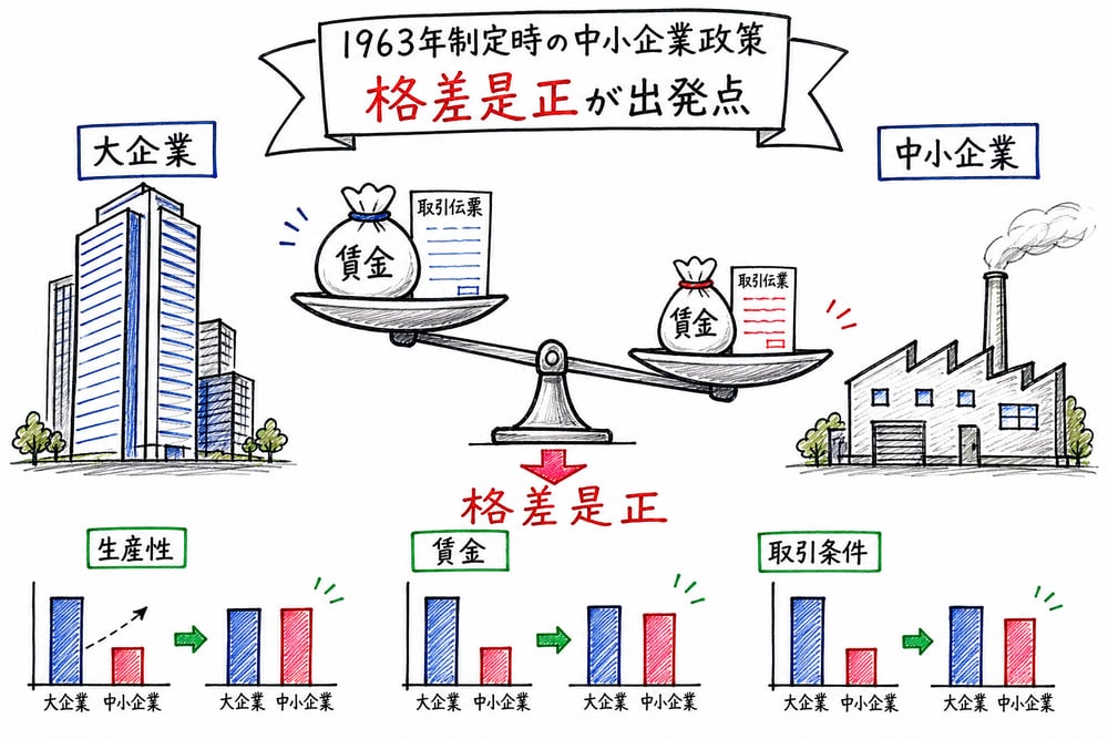 大企業と中小企業の差を、生産性、賃金、取引条件の観点から是正する発想を示した図解